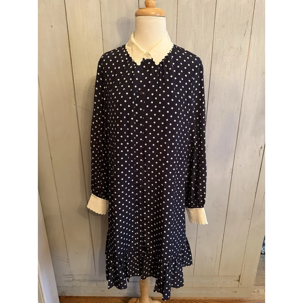 Tory Burch Cora Silk Dress 6 Button Up Preppy Classic Navy Polka Dot‎ New $498